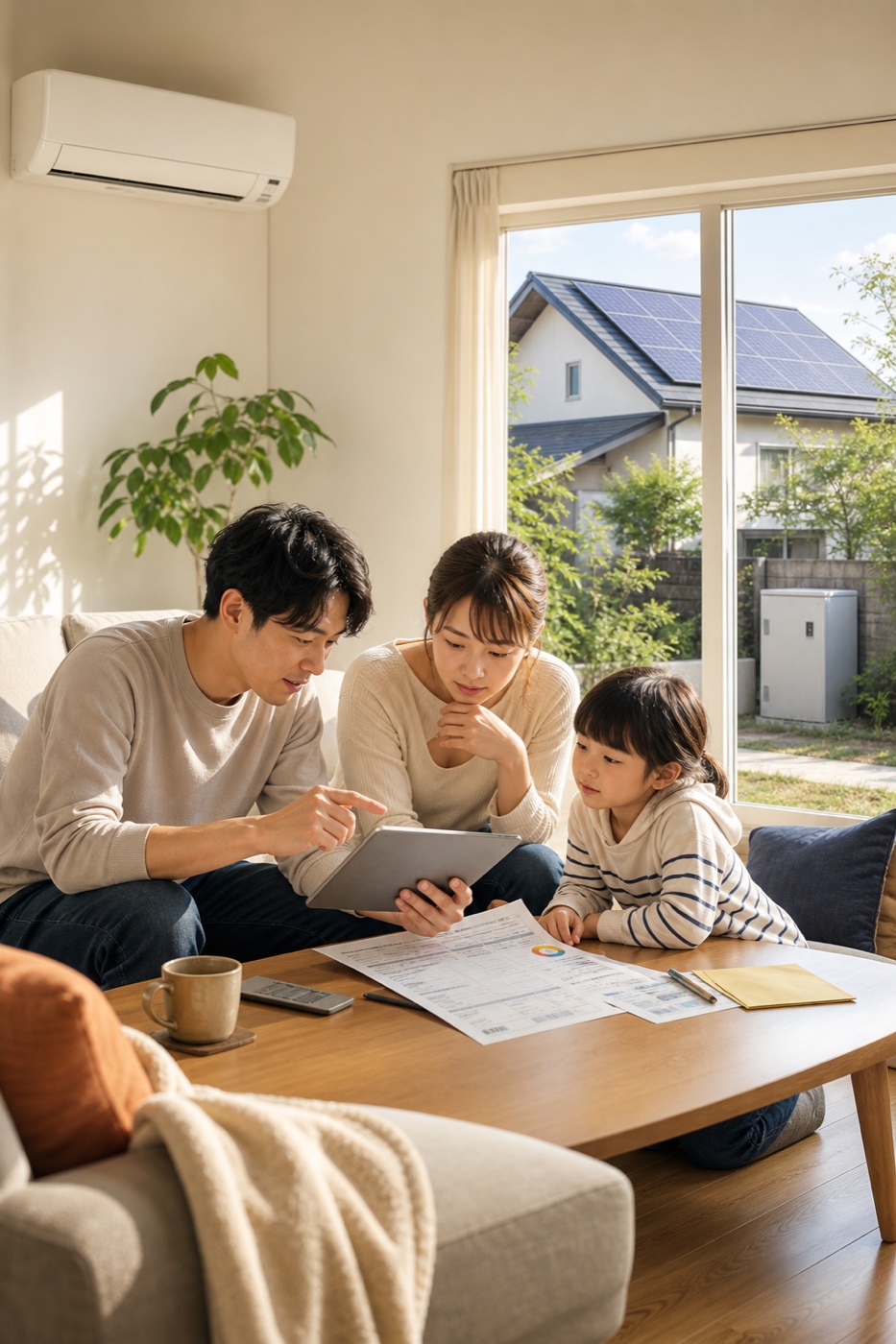 リビングで電気代について笑顔で話し合う家族