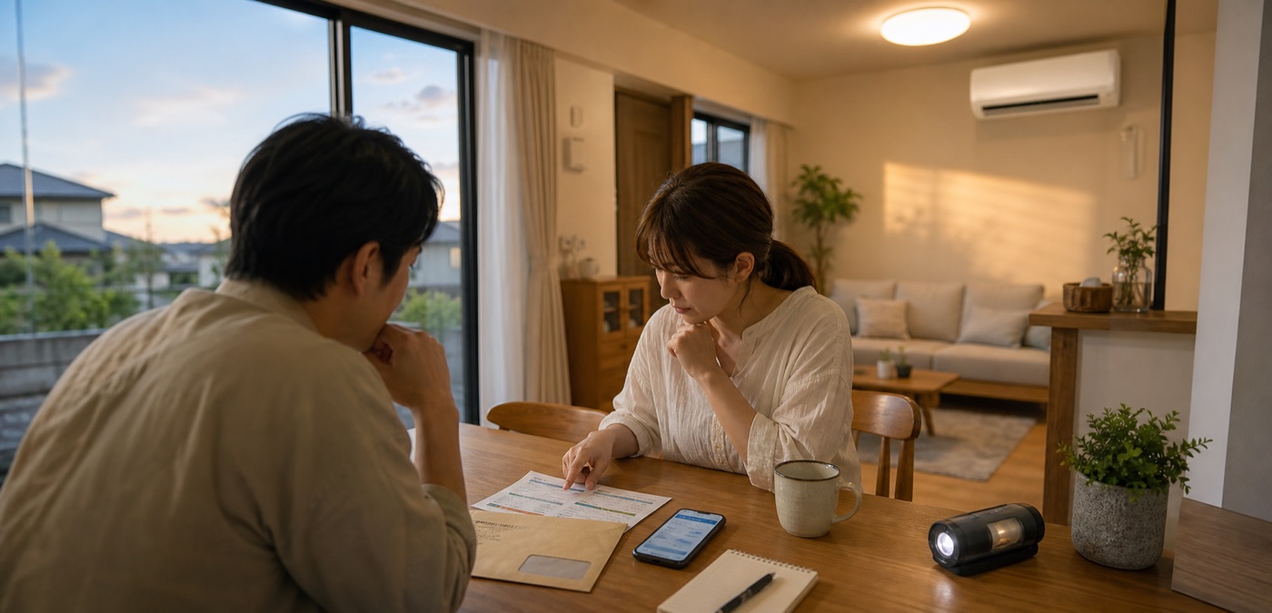 夕方のダイニングで電気代の明細を見ながら相談する家族