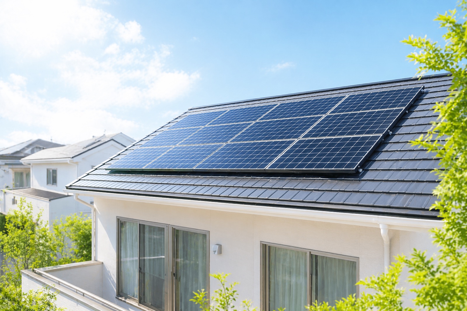 住宅の屋根に設置された太陽光パネル